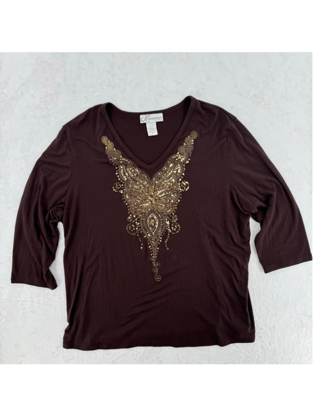Y2K Brown Top Gold Butterfly Sequins 3/4 Sleeve Made in USA Whimsigoth 90s Sz 2X